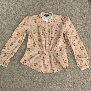 Vtg Ralph Lauren beige floral button up lace prairie puff sleeve shirt sz 12